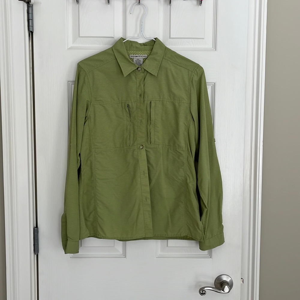 EX Officio Small green striped long sleeved shirt. EUC.